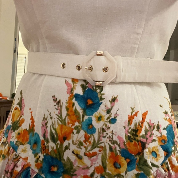 Zimmermann Estelle Floral Print Mini Belted Flared Dress In Multicolor Linen - Picture 6 of 10